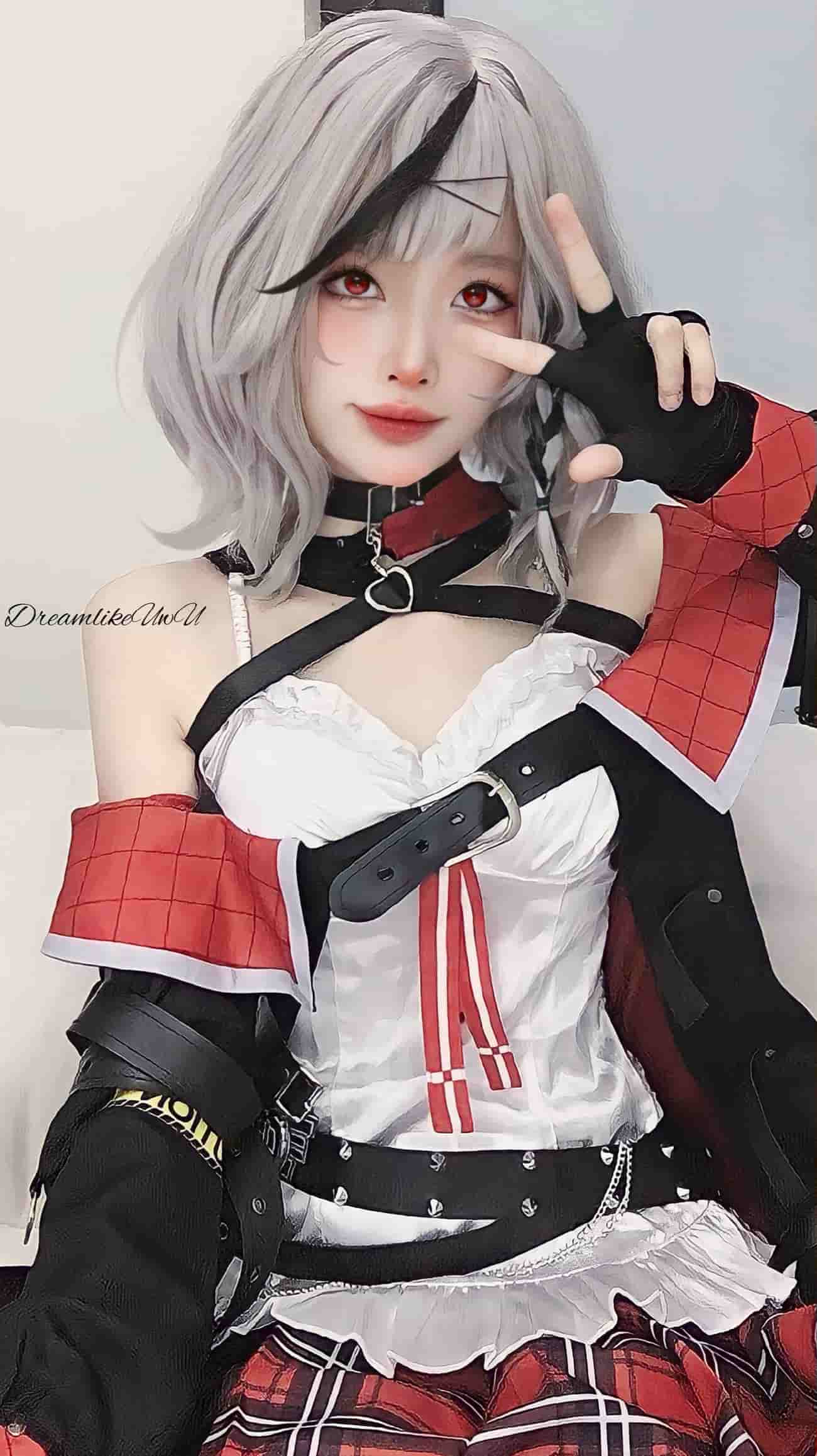 DreamlikeUwU cos Hololive沙花叉克洛艾 银发挑黑 红瞳 红格披肩 DreamlikeUwU cos Hololive沙花叉克洛艾 银发挑黑 红瞳 红格披肩
