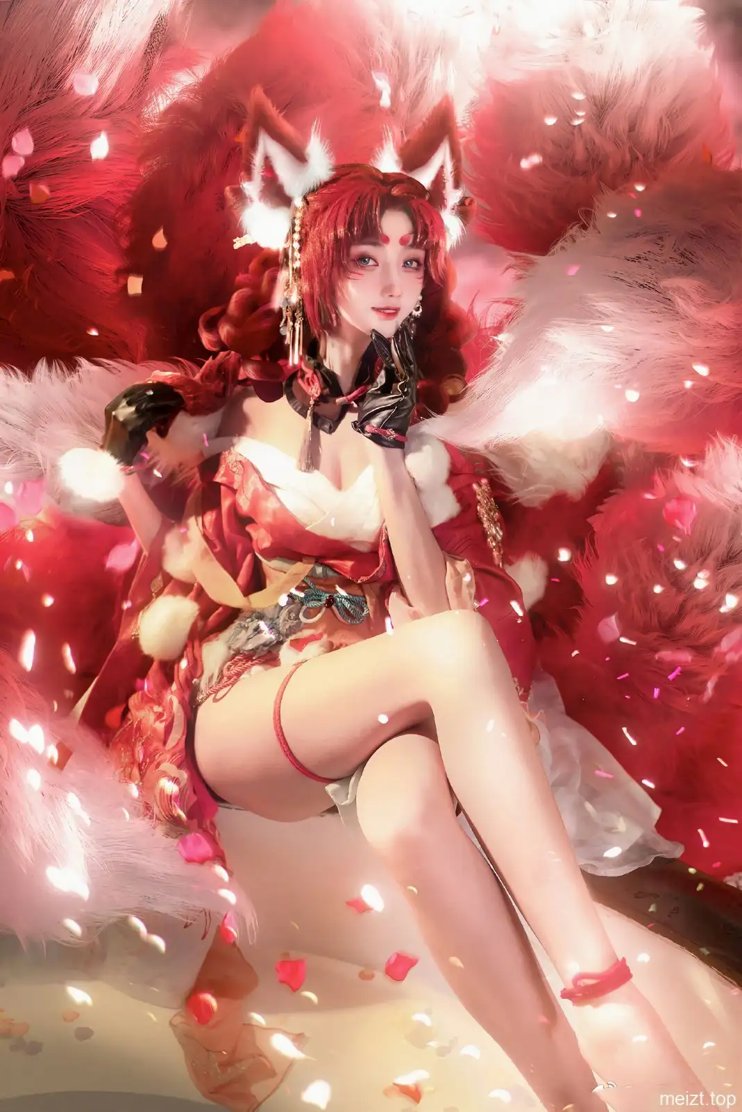 走路摇zly 红色双辫红金服饰红白毛绒背景坐姿 走路摇zly 红色双辫红金服饰红白毛绒背景坐姿